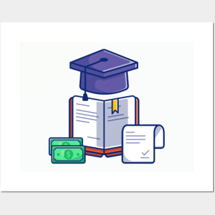 Scholarship, Graduation Cap, Certificate, Book And Money Cartoon Posters and Art